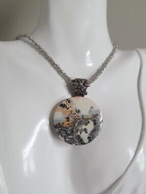 Vintage Boho Handmade Maligano Jasper Round Pendant Rope Chain Necklace Earrings